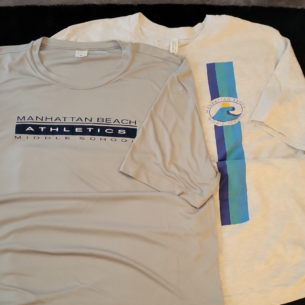 NEW: 2 TEES: MBMS PE T-Shirts, NEVER WORN! Adult XL (middle school sizing). NWOT